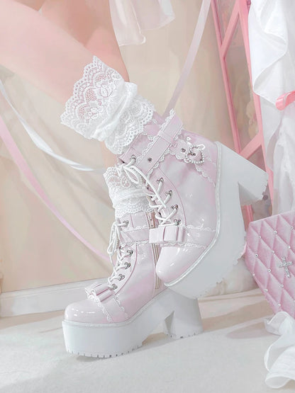 Japanese Mine Lolita Short Boots for Women Mass Production Love Rhinestone Buckle Bow Round Head Platform Boots Sweet Shoes