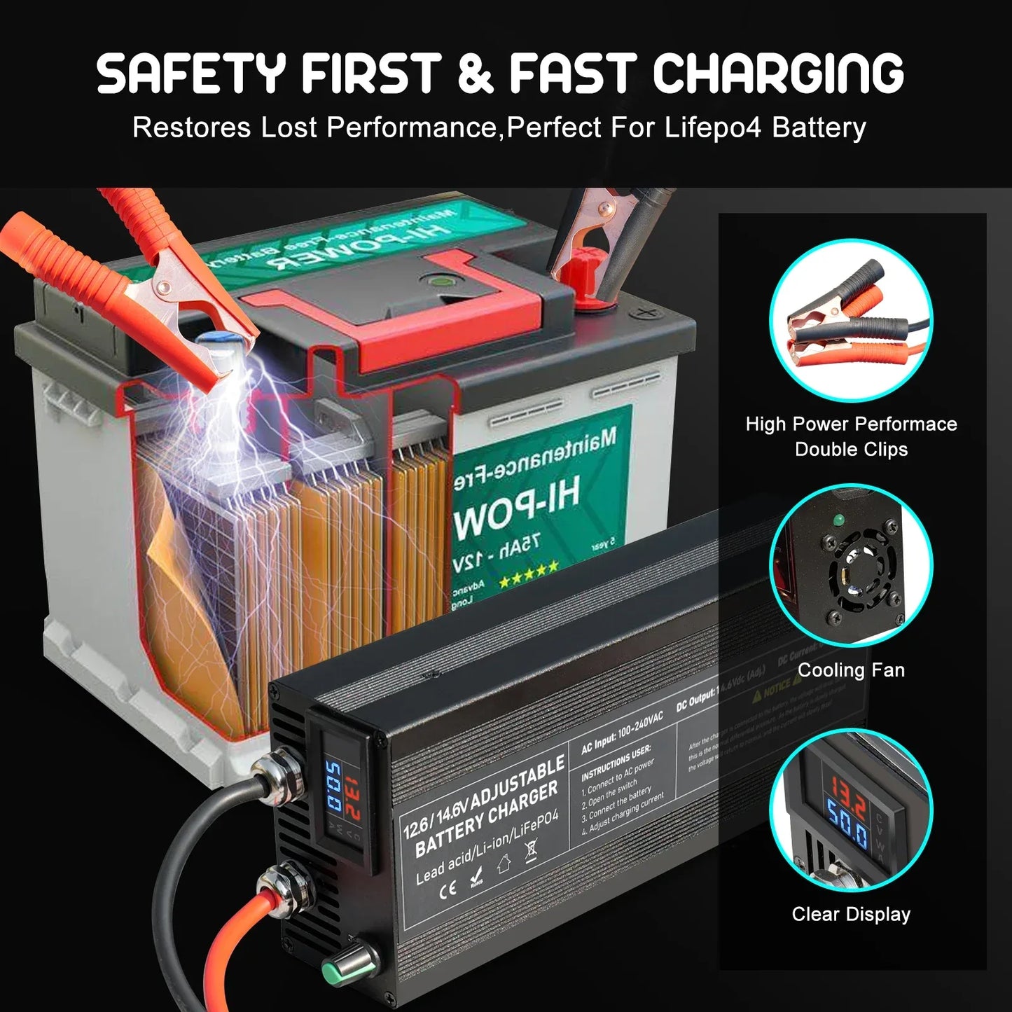 Portable 12V100A Lifepo4 Battery Charger 40A 50A Lithium Battery Charger 60A 85A with Adjustable Voltage and Current Anderson