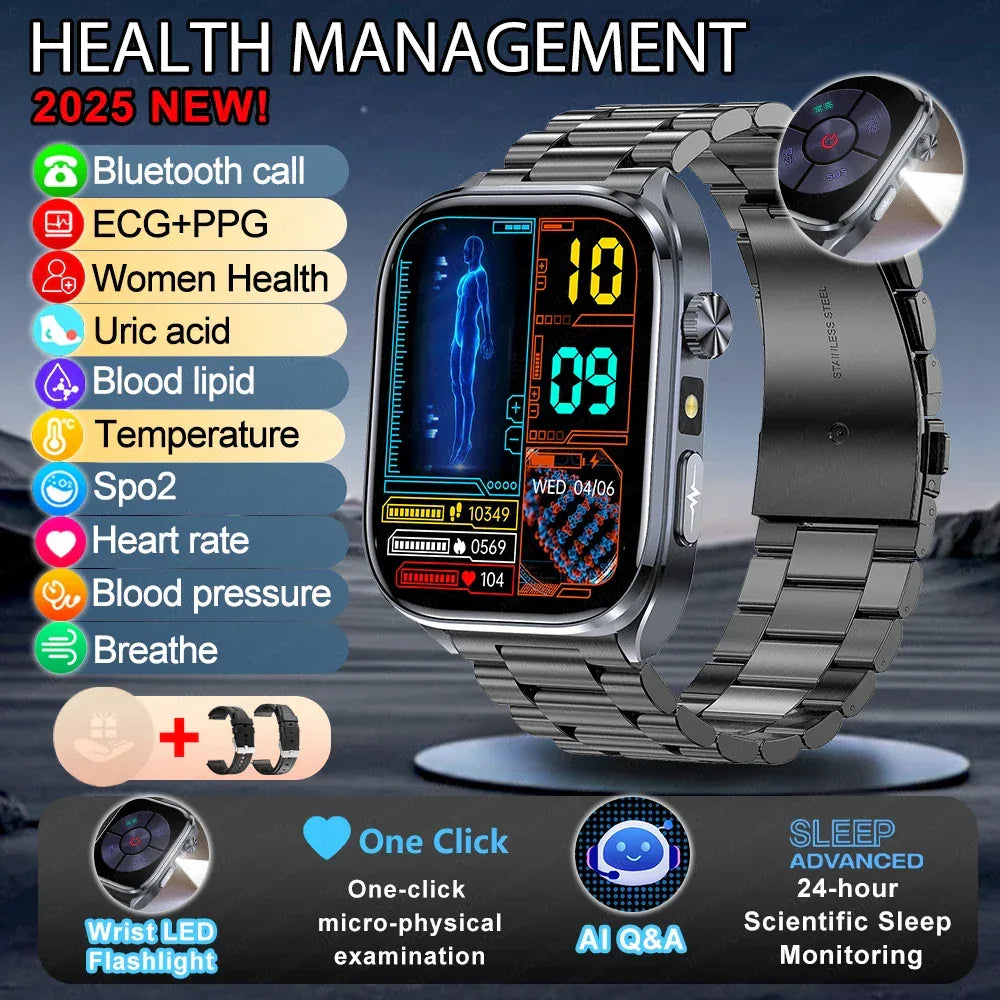 New Uric Acid Blood Lipids AI-GPT ECG Smartwatch Micro Physical Examination Body Analysis Men BT Call LED Flashlight Smartwatch