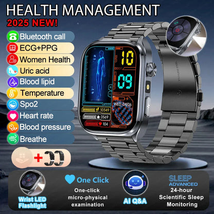 New Uric Acid Blood Lipids AI-GPT ECG Smartwatch Micro Physical Examination Body Analysis Men BT Call LED Flashlight Smartwatch