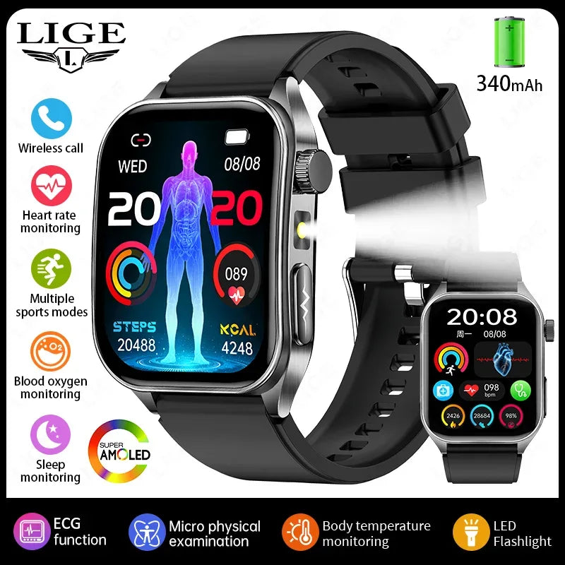 LIGE New Accurate ECG+PPG Smart Watch Laser Therapy Blood Lipid Uric Acid BP Heart Health Analysis BT Call Smartwatch Men Women