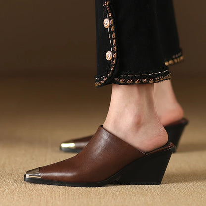 2025 New Ladies Genuine Leather Metal Head Mules Fashion Med Chunky Heels Summer Wedges Slippers Women Casual Office Shoes Woman