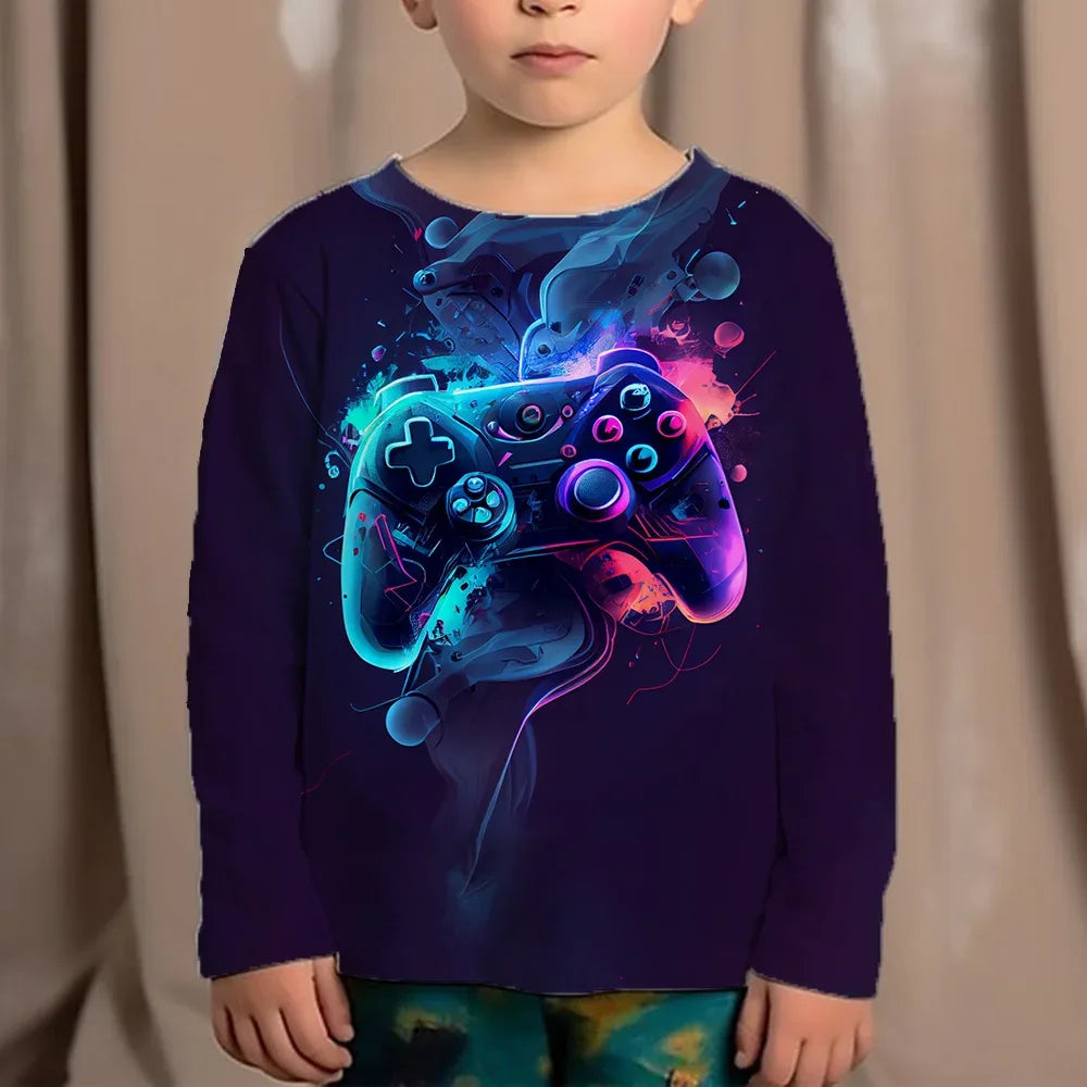 Top Clothes For Children Clothing Autumn Games Console Black T-Shirt Kids Tees Long Sleeve Tshirt From 10 To 12 Years Old Boys