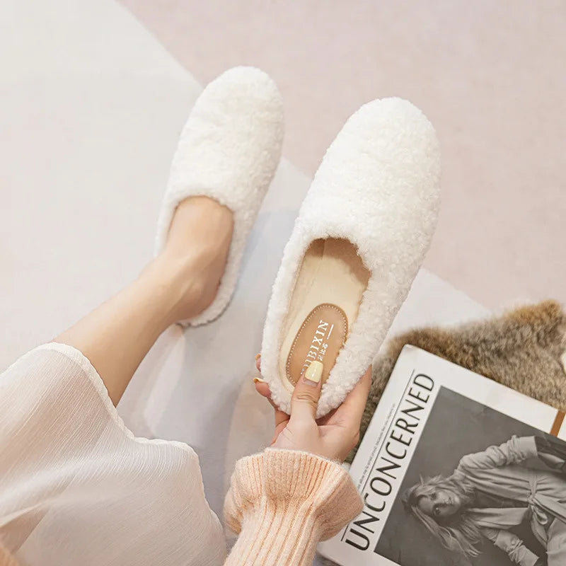 Big Size 43 Women Lambswool Slippers Winter Sheep Fur Shoes Ladies Flat Cotton Slides Home Pantuflas Daily Slip On Furry Mules