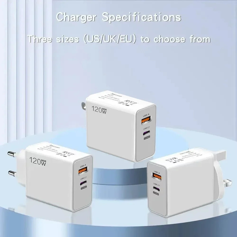 120W Type C USB Phone Charger Fast Charging Data Cable Mobile Phone Power Adapter For iPhone Xiaomi Huawei Samsung Wall Charger