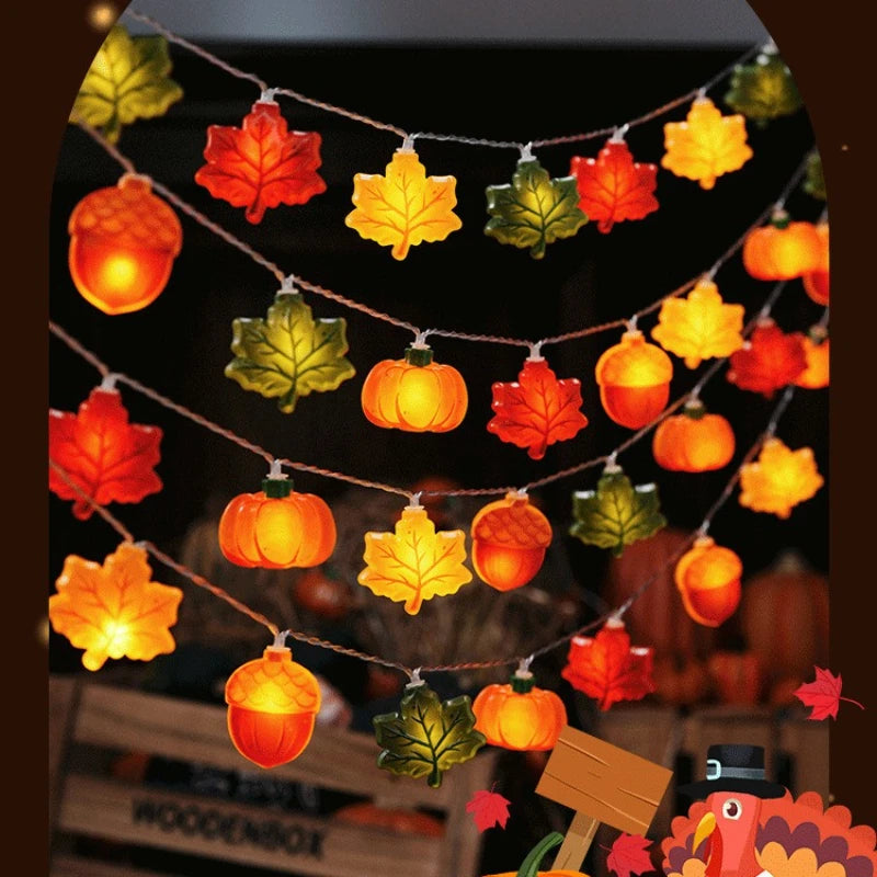 Guirlande lumineuse LED de 1,5/3 m en forme de citrouille, de noix et de feuille d'érable, idéale pour Halloween, Noël ou toute autre fête. Décoration à suspendre, accessoire de décoration ou cadeau de Thanksgiving.