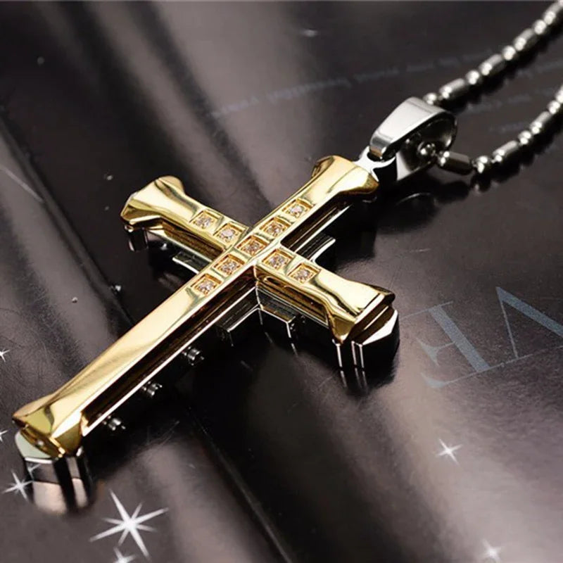 Minimalist Cross Chain for Men – Cool Black & Gold CZ Pendant, Punk Streetwear Gift