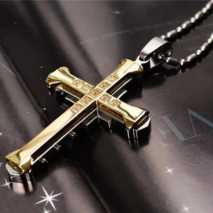 Minimalist Cross Chain for Men – Cool Black & Gold CZ Pendant, Punk Streetwear Gift
