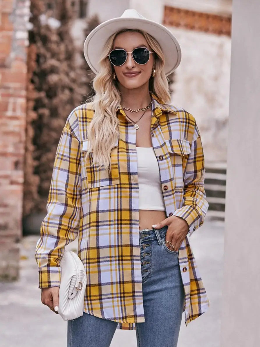 Autumn Plaid Shirt Women Long Sleeve Turn-down Collar Oversize Shirts Female Stylish Vintage Casual Blouse Ladies Chemise