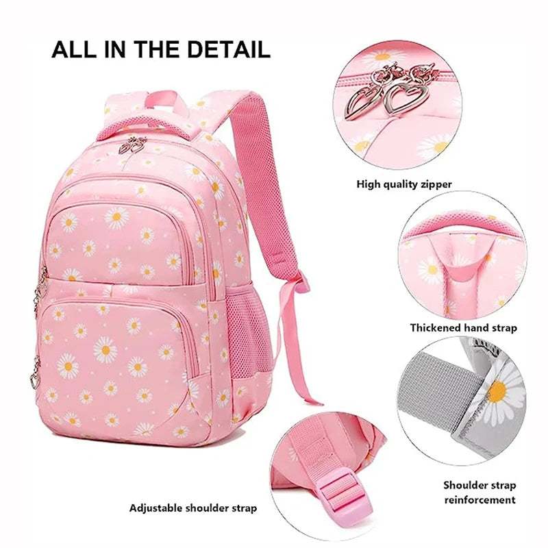 Daisy Pattern School Bag Backpack Pencil Case Handbag Three Piece Set Nylon Fabric Waterproof Boys Girl Teenagers Trend Backpack