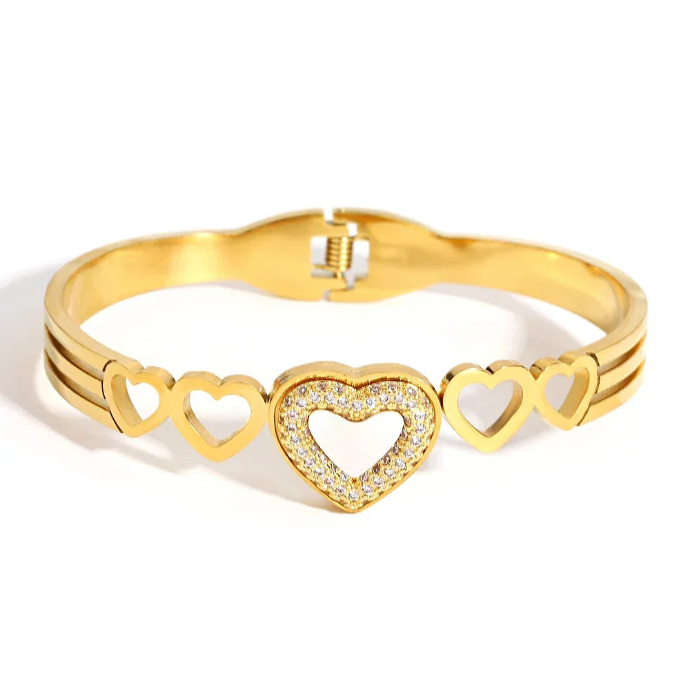 Elegant Rhinestones Bracelet with White Shell for Women Stainless Steel Golden Series Jewelry Fashion Valentine's Day Jewelry