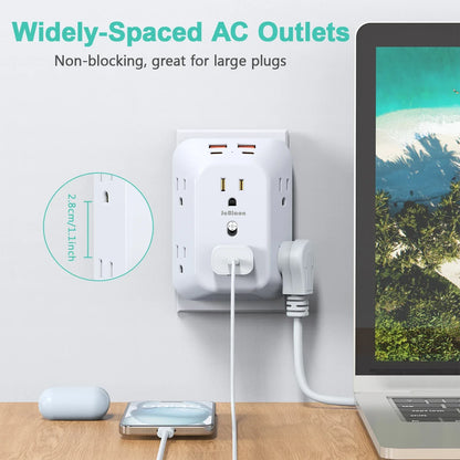 Multi Plug Wall Outle,6-Outlet Extender with 4 USB Ports,3 Sided Multi Plug Wall Adapter  Surge Protector for Home Office