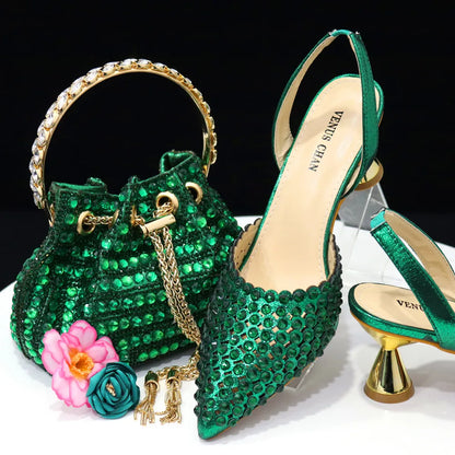 Venus Chan 2023 New INS High-Heeled Pointed Toe Wedding Shoes Colorful Full Diamond Design Shoe and Bag Set for Nigeria Party