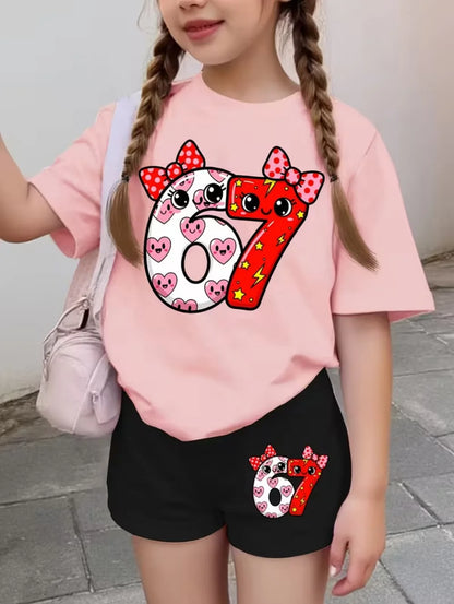 67 Six Seven Girls Clothes Cute Bows Flowers Print Girls Short Sleeve T-Shirt + Pants Set Casual Fashion Children's Clothes Tops