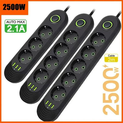 2500W EU Plug Power Socket 2m Extension Cable 3 USB Jack 3/4/5 Holes Power Strip Socket Network Filter With USB Ports Charging