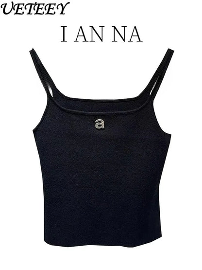 Design Sense Niche Black Beaded Letter-Printing Sleeveless Camisole Women's Summer Crop Tops Hot Girl Outer Wear Short Base Vest