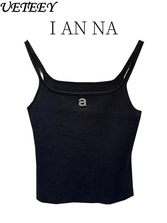 Design Sense Niche Black Beaded Letter-Printing Sleeveless Camisole Women's Summer Crop Tops Hot Girl Outer Wear Short Base Vest
