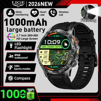LIGE New Military For T-Rex 3 Ultra Smart Watch 1000mAh Battery IP68 Waterproof Compass Flashlight Sports Tracker Smartwatch Men