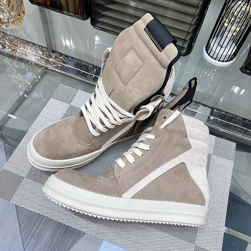 Ro Shoes Men Leather 2025 New Earthy Grey Cow Suede Lace Up Zipper Thick Sole Luxury Geo Women Street Hip-hop Casual Flat Boots