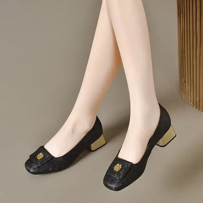 Cresfimix Zapatos Mujer Women Classic Round Toe 3cm Square Heel Slip on Shoes Lady Fashion Office Black Plus Size Shoes A9343