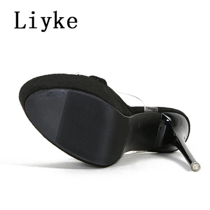 Liyke Model Catwalk Extreme High Heels Sexy 16 CM Transparent Sandal Women Snake Print Open Toe Slip-On Back Strap Platform Shoe