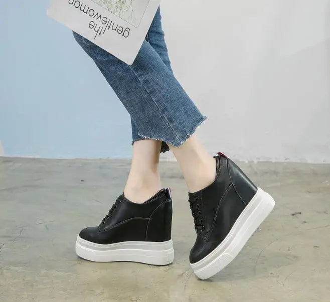 Genuine leather 10cm Increase Flat Platform Shoes Female Thick Sole Students Casual Shoes Woman  Lace Up Solid   Women Shoes