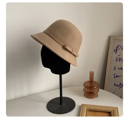 2024 Autumn Spring Fedoras Women Hat Elegant Vintage Bowknot Wool Ladies Hat Dome Felt Wedding Church Jazz Cap Female Bow Bowler