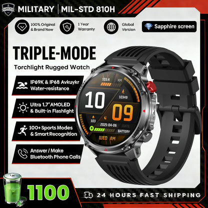 2026 Edition Military Outdoor Sports Smartwatch 1.7-inch AMOLED screen 1100 mAh battery LED flashlight Bluetooth call Waterproof