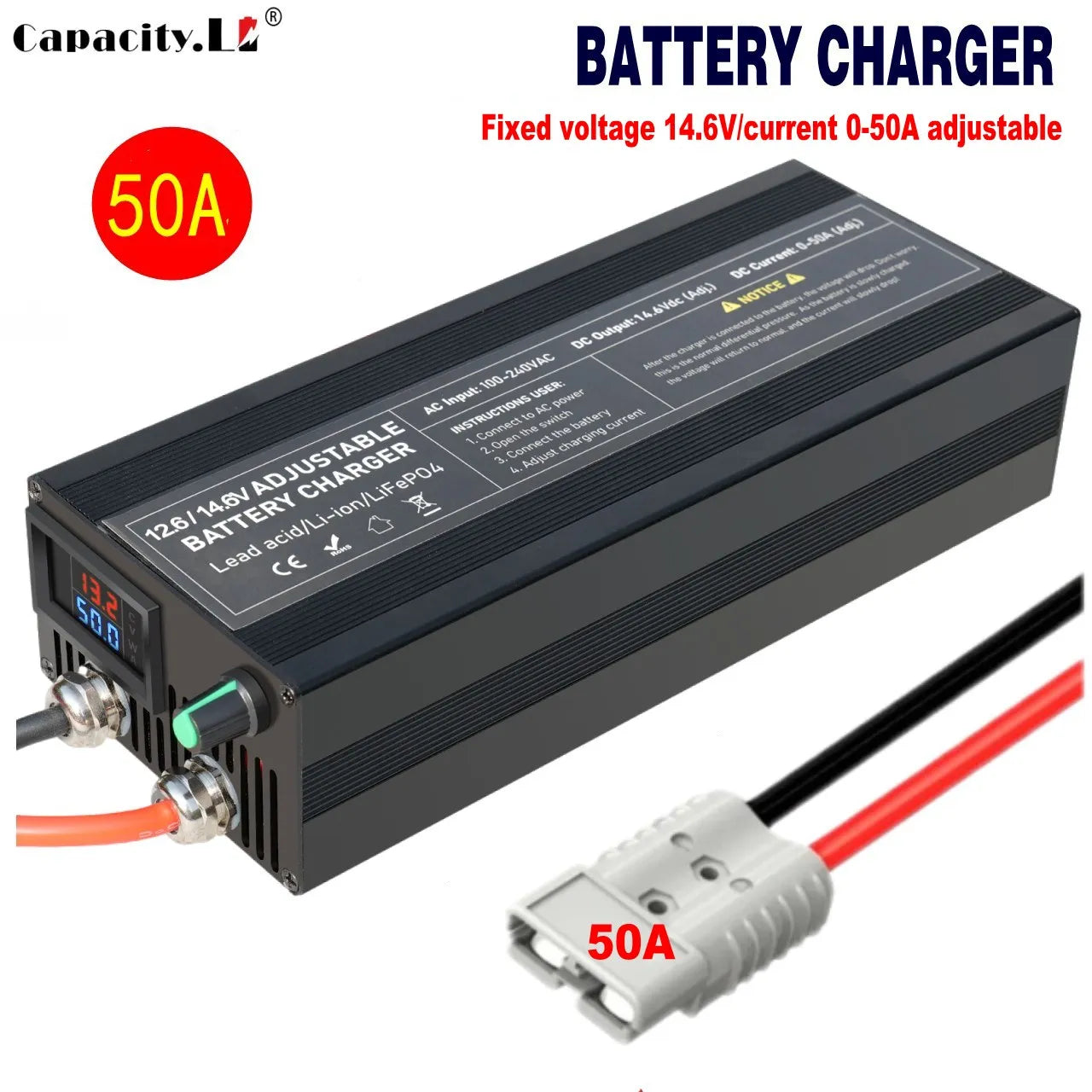 Portable 12V100A Lifepo4 Battery Charger 40A 50A Lithium Battery Charger 60A 85A with Adjustable Voltage and Current Anderson