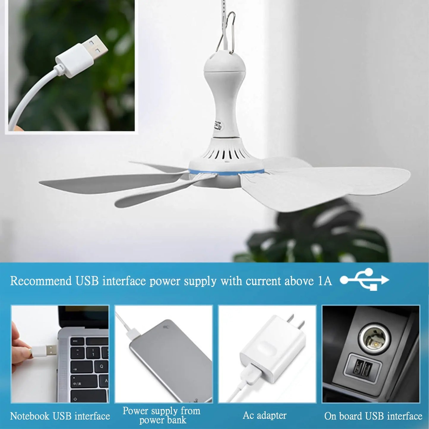 XIAOTREE Silent 6 Leaves USB Ceiling Fan, Optional Remote Control Timing, 4 Speed Hanging Fan for Camping Dormitory Tent