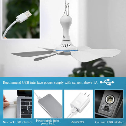 XIAOTREE Silent 6 Leaves USB Ceiling Fan, Optional Remote Control Timing, 4 Speed Hanging Fan for Camping Dormitory Tent