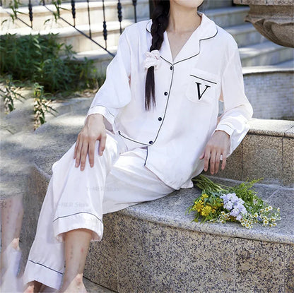 2025 Women Stripe Print Satin Pajama Ladies Pyjamas Loungewear Set Long Sleeve Buttons Lapel Tops & Pants Pijamas De Mujer