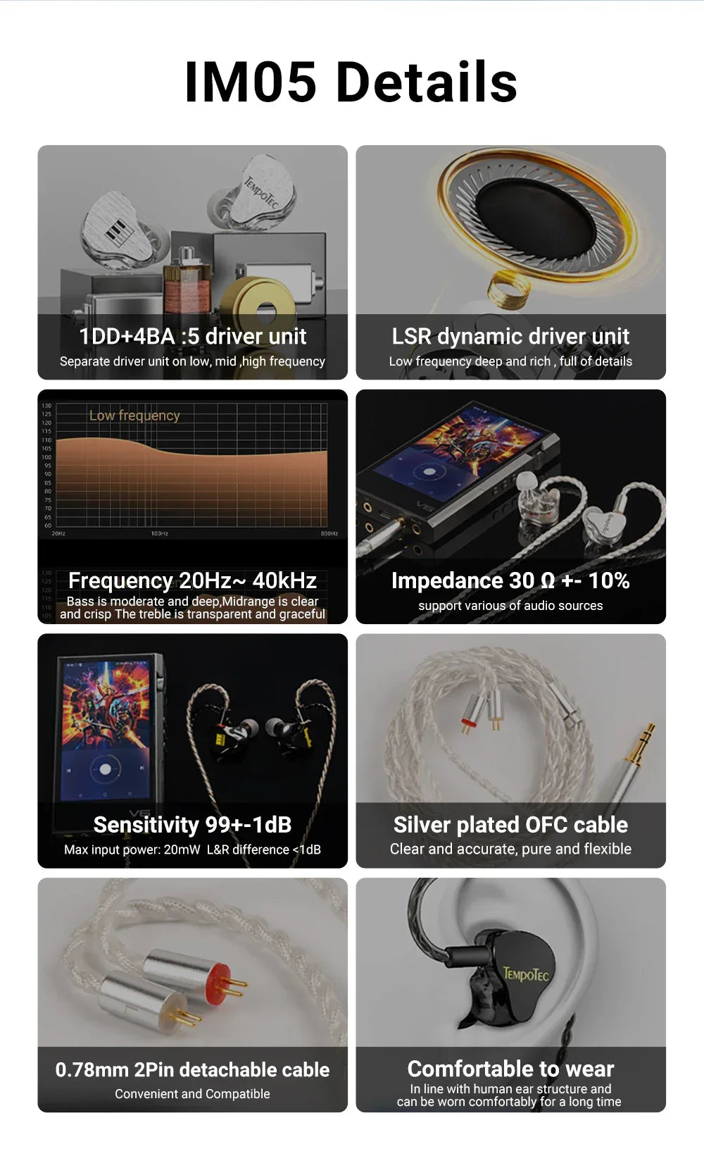TempoTec IM01 Flathead 4.4mm earphones, IM05 3.5mm cable-detachable,0.78mm pin HiFi in-ear earphones 1DD+4BA
