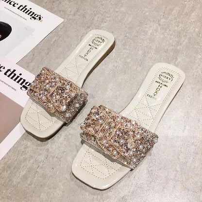 Women's Flat Head Butterfly Knot Slippers Summer New Fashion Outdoor Korean Fairy Style Sandals Polyurethane Rubber Sole