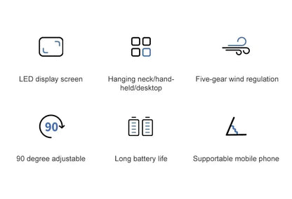 Portable Handheld Mini Fan 3000mAh Foldable Neck Hanging Fans 5 Speed Adjust USB Charge Fan with Phone Stand and Display Screen