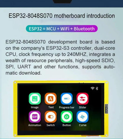 ESP32-S3 7" Smart Display Screen 7.0 inch RGB LCD TFT Module Capacitive Touch Screen8M PSRAM 16M Flash ESP32-8048S070C