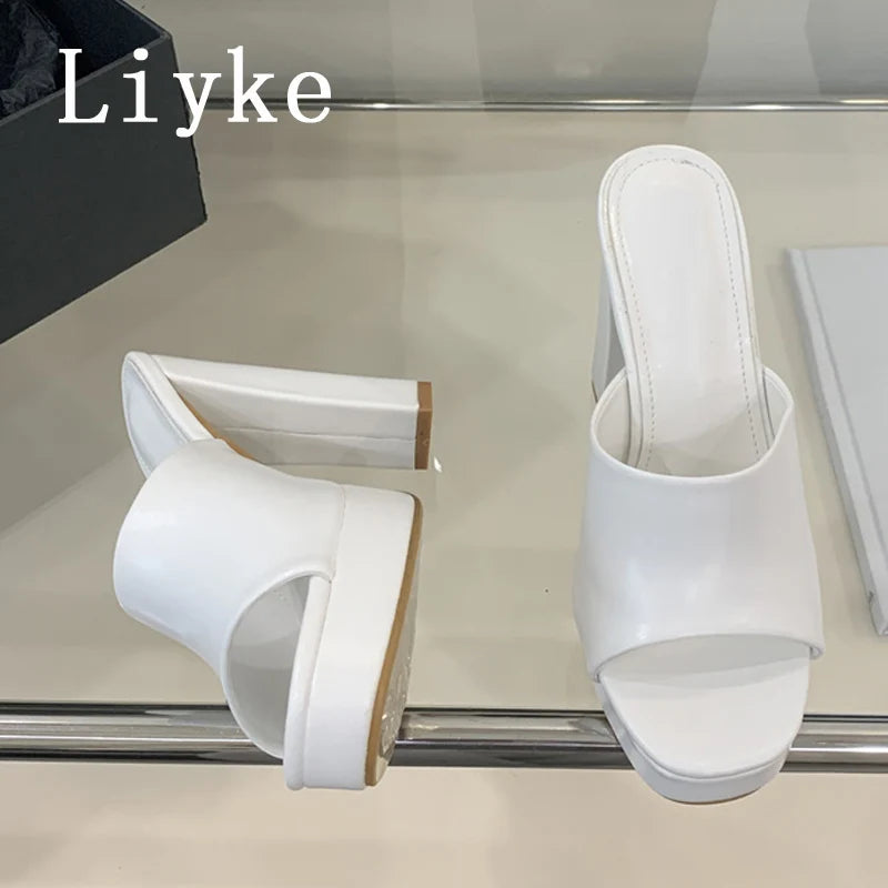 Liyke Sexy Thick High Heels Platform Slippers Black White Cozy PU Leather Open Toe 12CM Women Shoes Sandals Pumps Zapatos Mujer