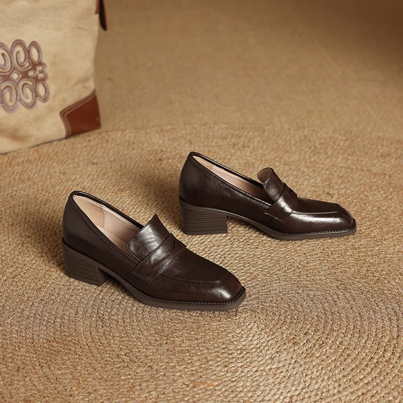 2026 New Spring Genuine Leather Women Shoes Round Toe Women Pumps Brogue Designs Shoes for Women High Heel Loafers Ladies Shoes