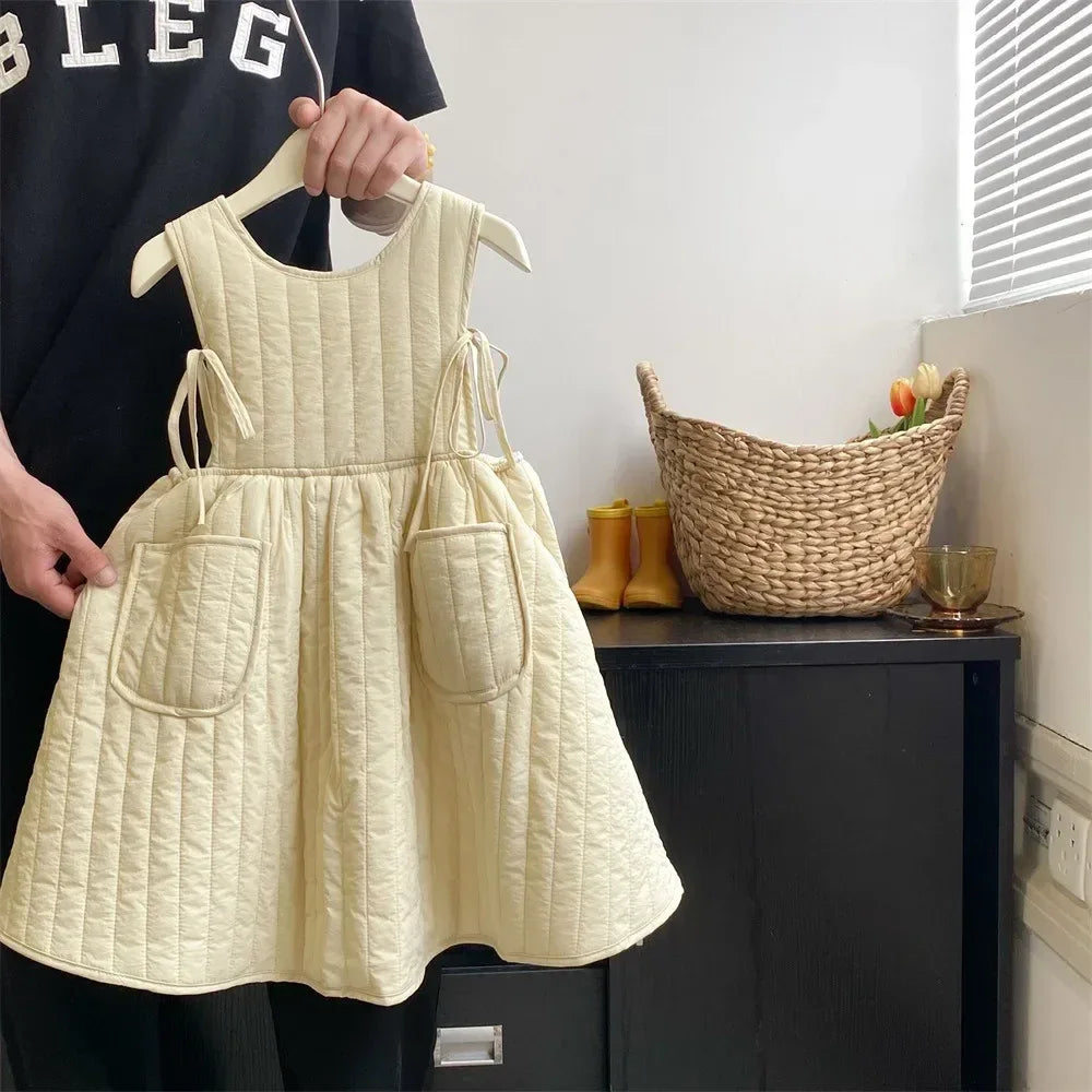 Girls Casual Dresses Autumn Winter New Forest Style Children Clothing Strap Skirt Princess Sleeveless Striped Soild