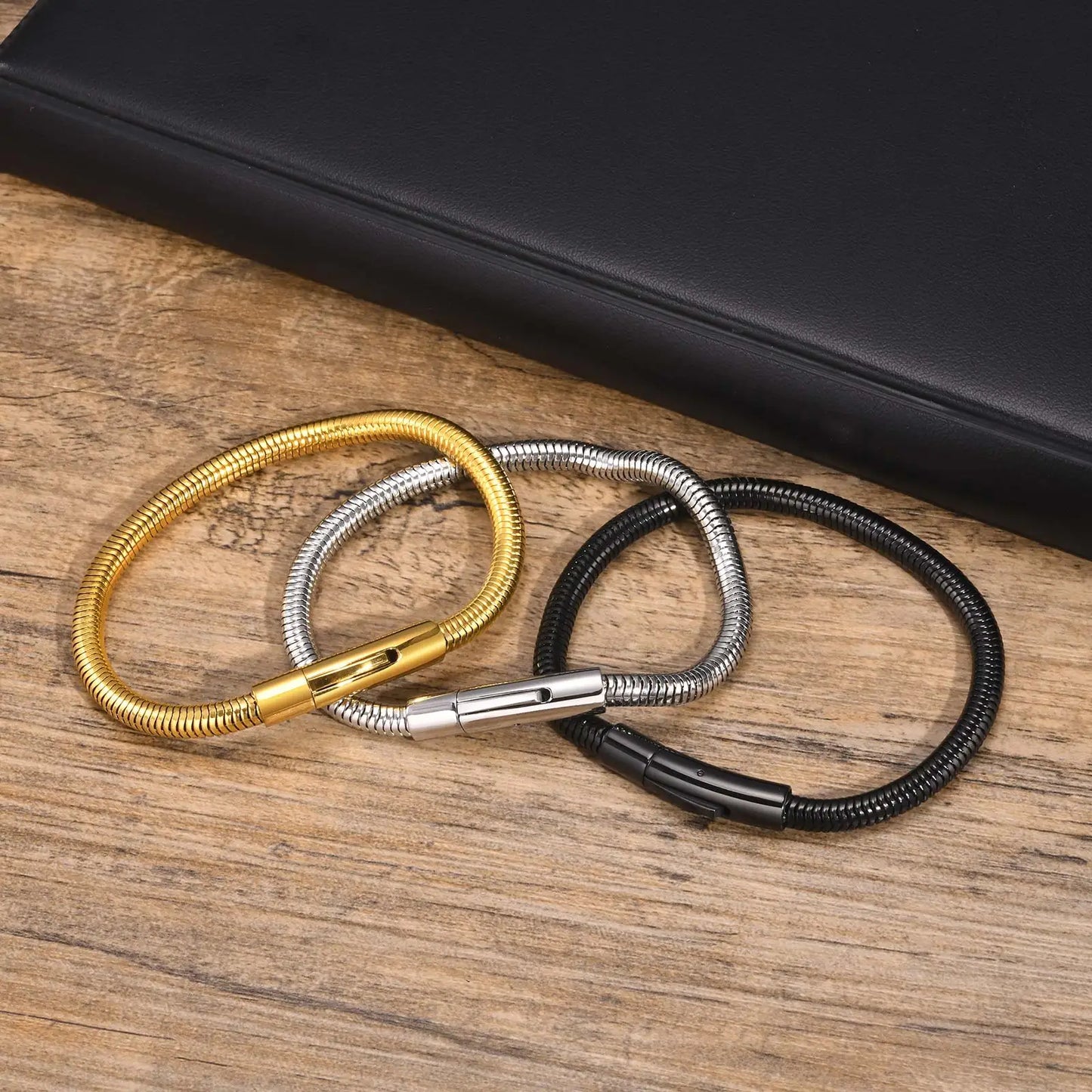 Vnox 5mm Round Snake Chain Bracelets for Men Women Black Silver Color Waterproof Cocoon Links Wristband Simple Cool Jewelry