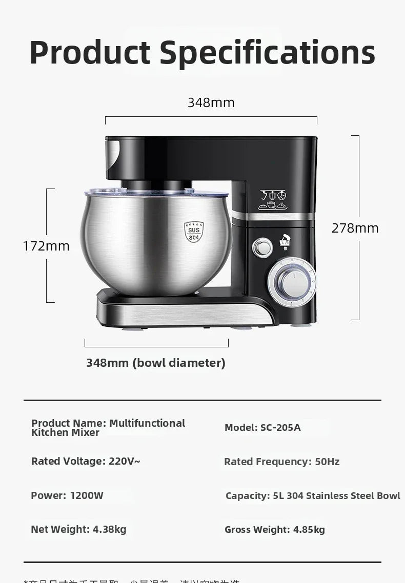 5L Stand Mixer – 3-in-1 Multifunctional Kitchen Machine with Dough Hook, Beater & Whisk,1000W Powerful Motor for Baking/Cooking