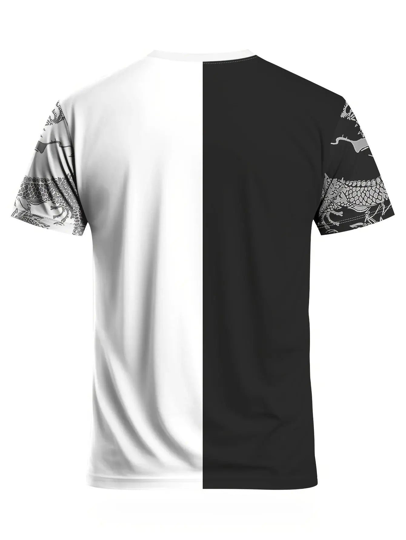Men's Dragon-Pattern Sports T-Shirt Black And White Split Design Is Comfortable And Breathable Suitable For Training And Leisure