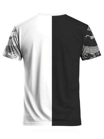 Men's Dragon-Pattern Sports T-Shirt Black And White Split Design Is Comfortable And Breathable Suitable For Training And Leisure