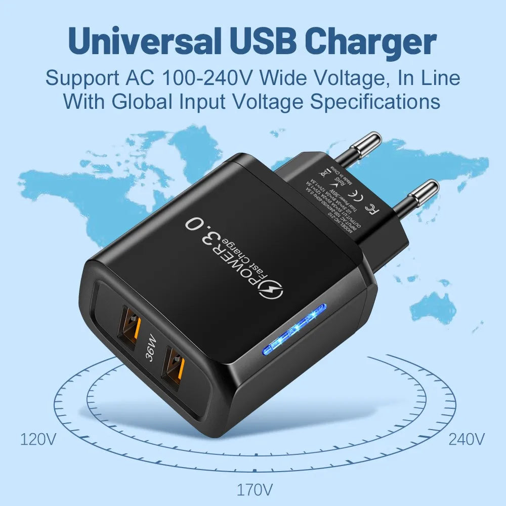 2 USB Charger 36W Fast Charging Double USB Quick Charge 3.0 for Samsung Xiaomi 14 HUAWEI OPPO Oneplus Mobile Phone Wall Adapter