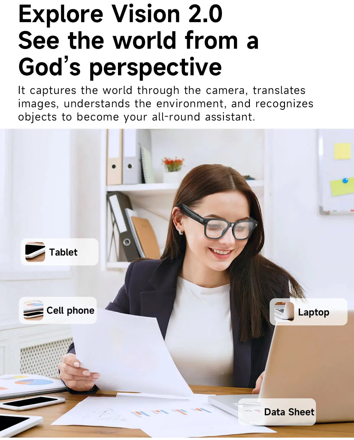 Lunettes vidéo intelligentes pour myopie, stabilisées, enregistrement vidéo, transmission Wi-Fi et Bluetooth, reconnaissance d'objets.