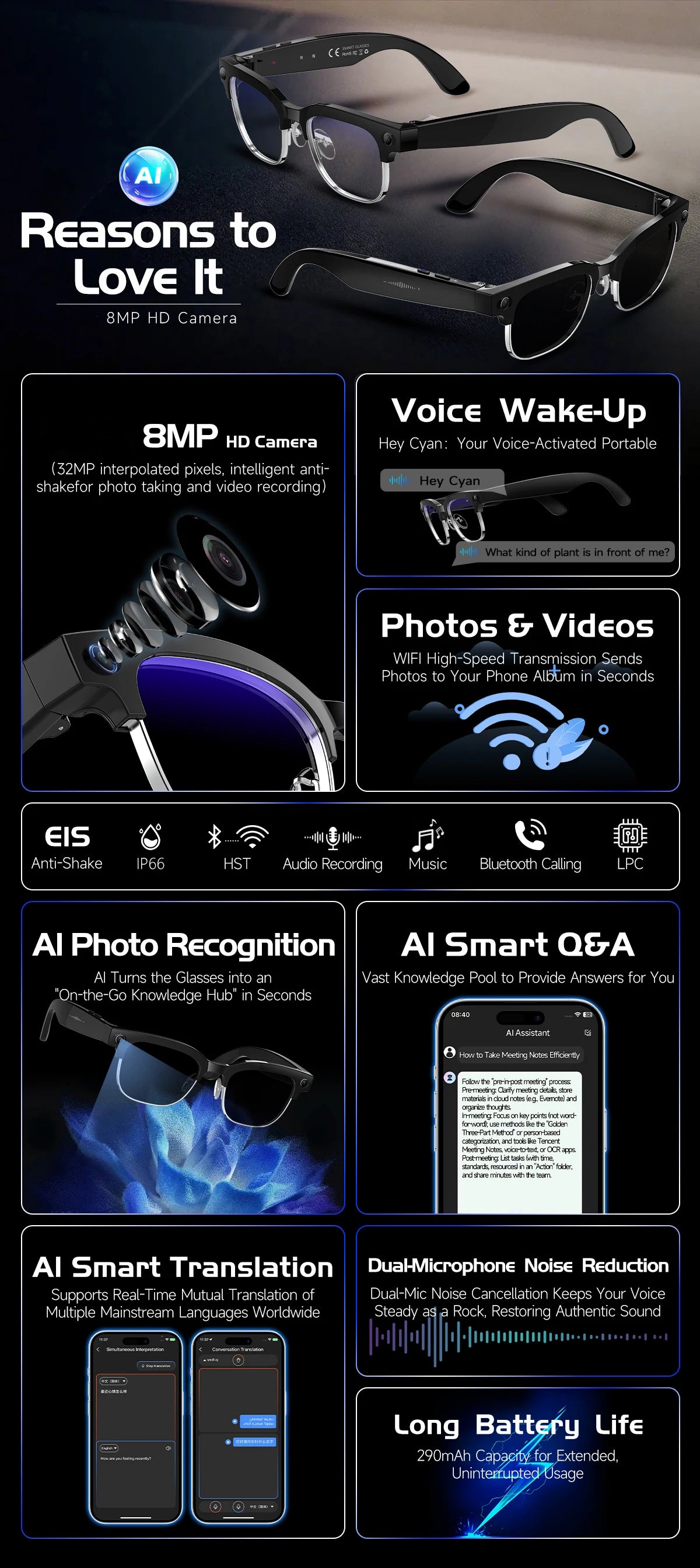 Lunettes intelligentes avec traduction IA, caméra HD 8 mégapixels, stabilisation optique de l'image, double microphone et réduction du bruit.