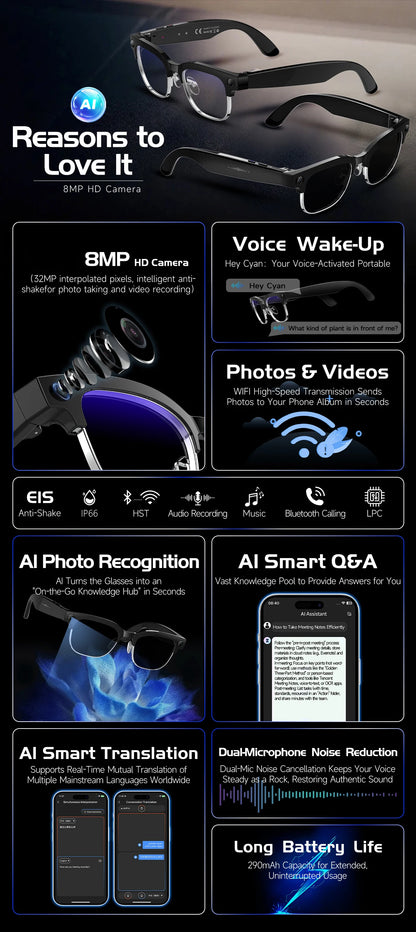 Lunettes intelligentes avec traduction IA, caméra HD 8 mégapixels, stabilisation optique de l'image, double microphone et réduction du bruit.