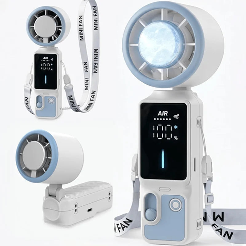 Handheld Portable Turbo Fan with Cooling Box, 100-Speed Variable Speed LED Display Folding Fan, Wearable Folding Three-in-One