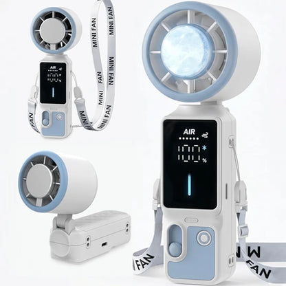 Handheld Portable Turbo Fan with Cooling Box, 100-Speed Variable Speed LED Display Folding Fan, Wearable Folding Three-in-One