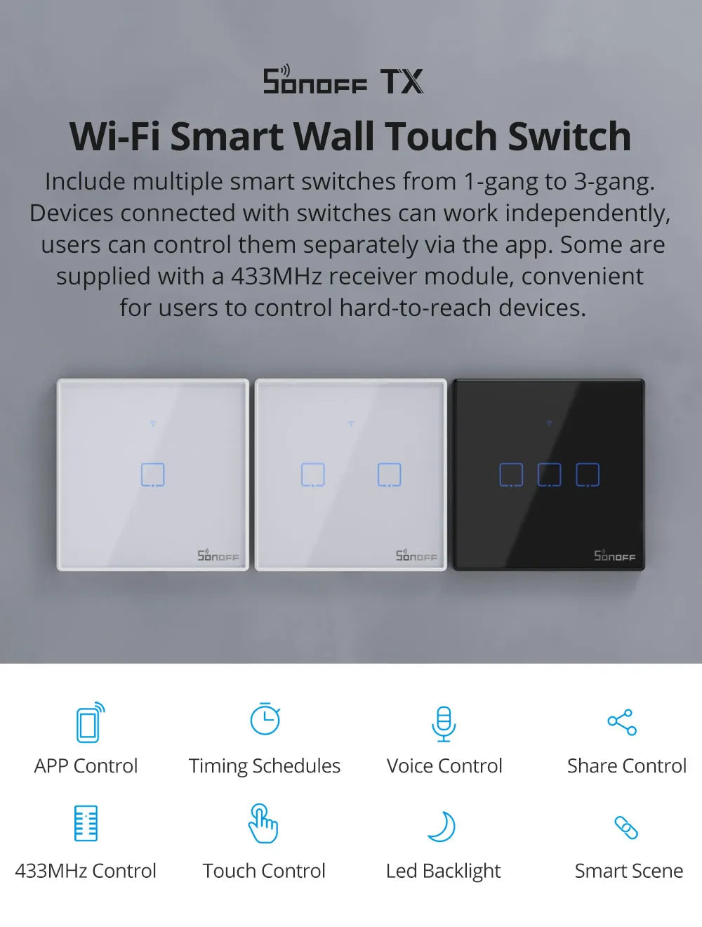 SONOFF TX US Wall Smart Switch 433Mhz RF Remote Control Wi-Fi Touch Switch via eWeLink APP Works With Alexa Google Home